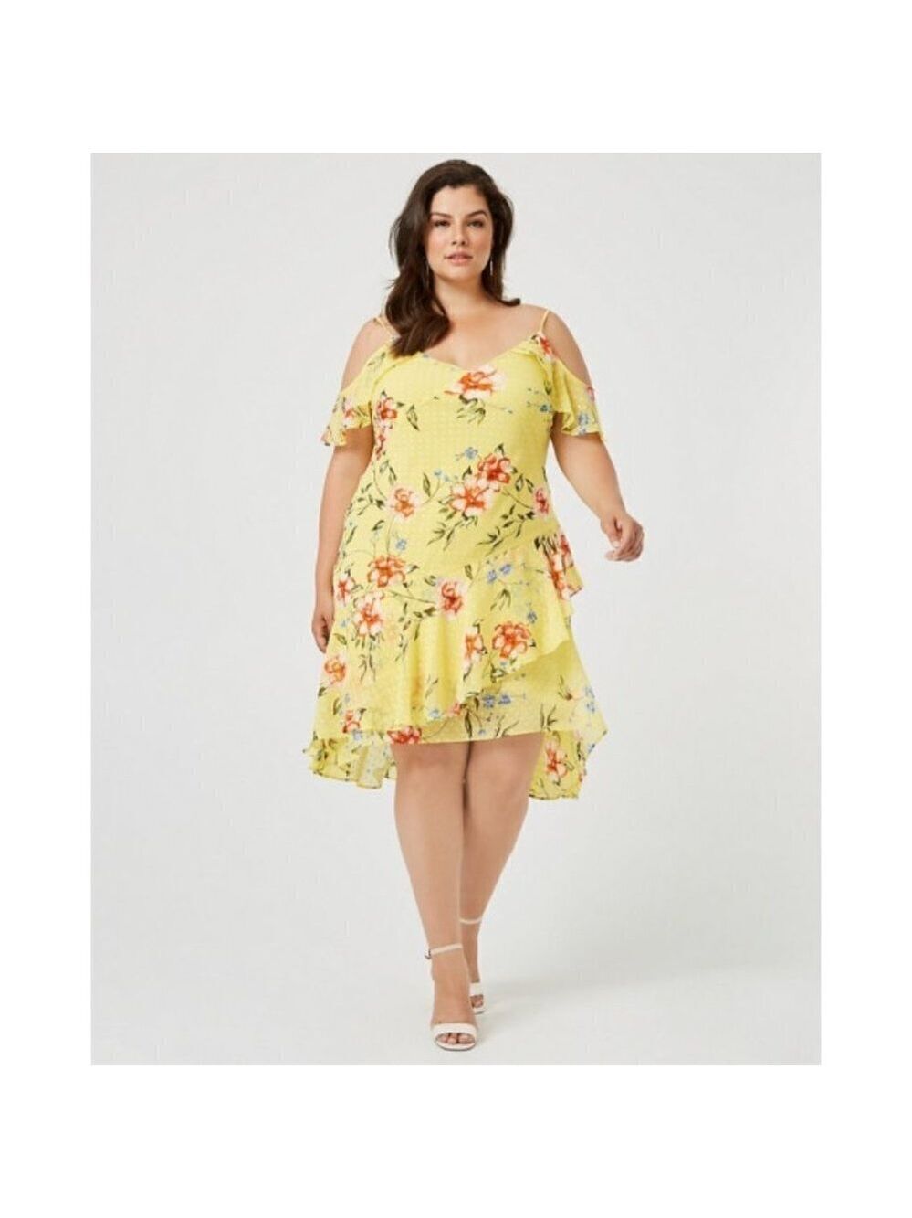Women Le Chateau Floral Print Chiffon Cold Shoulder Yellow Dress Size 2X